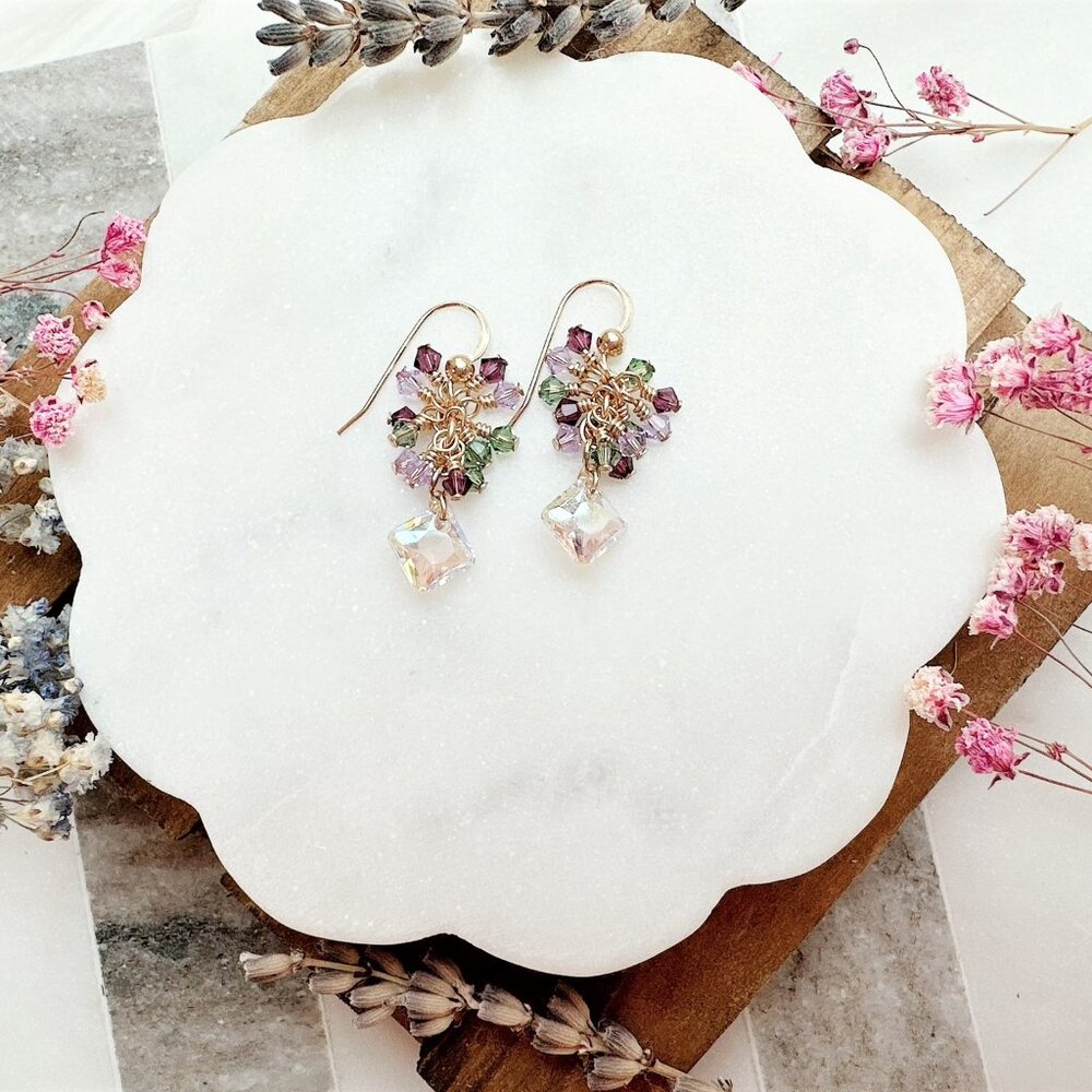 14k Gold-Filled Princess Cut Crystal Cluster Drop Earrings | Handmade in BC